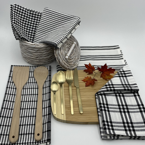 RANS Milan Tea Towels 5 Piece Set Check & Stripe Designs | BLACK
