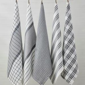 RANS Milan Tea Towels 5 Piece Set Check & Stripe Designs | CHARCOAL