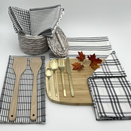 RANS Milan Tea Towels 5 Piece Set Check & Stripe Designs | CHARCOAL