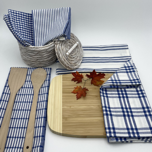 RANS Milan Tea Towels 5 Piece Set Check & Stripe Designs | COBALT BLUE