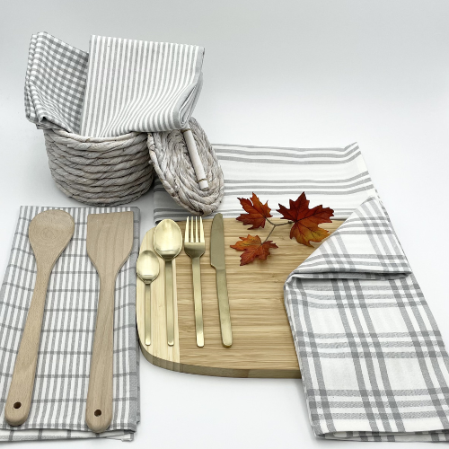 RANS Milan Tea Towels 5 Piece Set Check & Stripe Designs | GREY