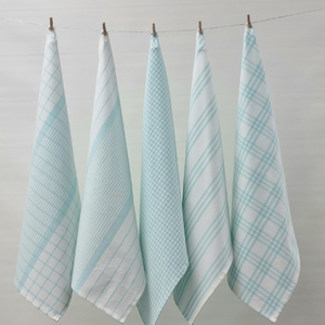 RANS Milan Tea Towels 5 Piece Set Check & Stripe Designs | ISLAND PARADISE BLUE