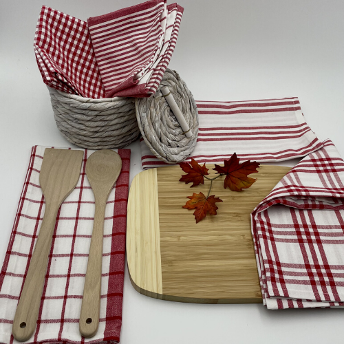 RANS Milan Tea Towels 5 Piece Set Check & Stripe Designs | RED