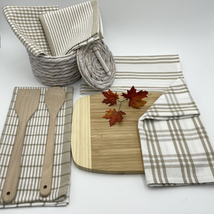 RANS Milan Tea Towels 5 Piece Set Check & Stripe Designs | TAUPE